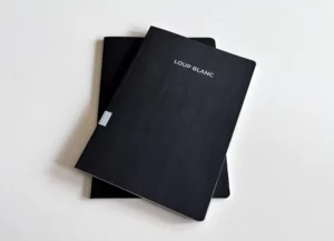 Duo de carnets de la gamme Le Carnet Noir. Couverture mate, teintée dans la masse pour réduire son impact environnemental, sans pelliculage, origine Italie FSC. Le papier des pages intérieures est recyclé, origine France.